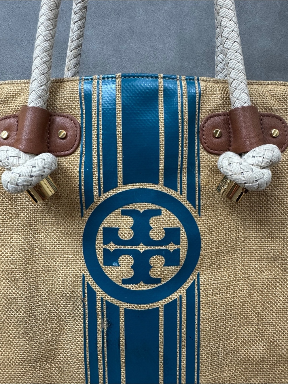 Tory Burch Tan Canvas Tote with Blue Stripe and White Rope Handles - Picture 3 of 16